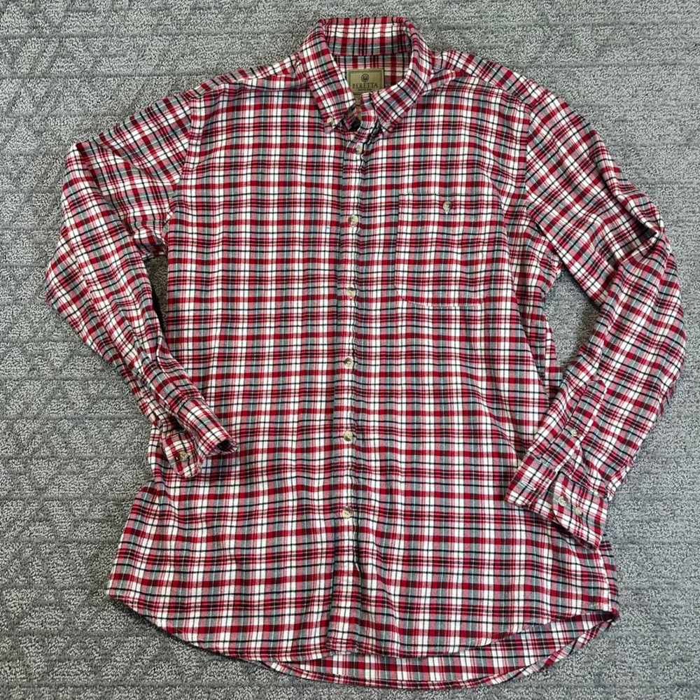 Beretta Men's Red Plaid Tartan Long Sleeve Button Down Shirt Size medium holiday